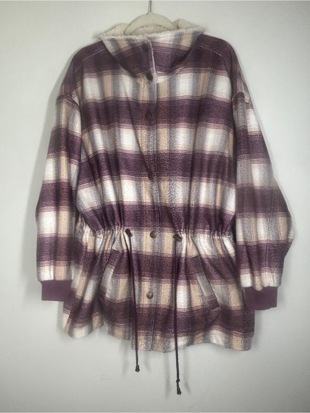 Braetan Plaid Hooded Drawstring Jacket in Purple and Cream